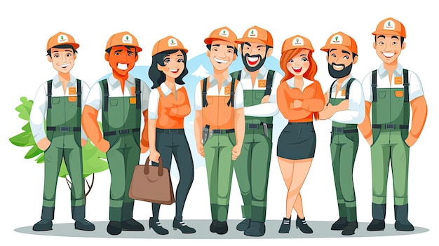 Team of builders in flat style Industrial workers characters in uniform vector illustration