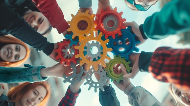 Team building activity with colorful gears collaboration concept low angle view of a diverse group AI