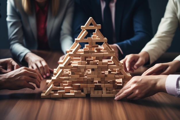 Photo team of business people building pyramid together