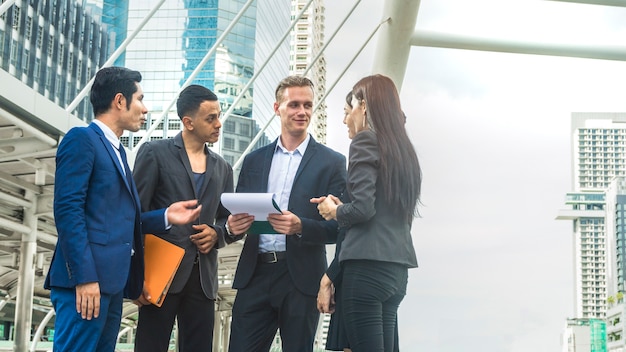 team of business people smart man and woman talk 