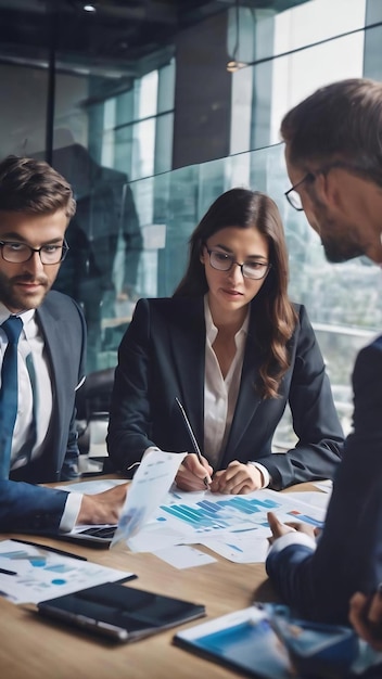 Team of business people working together in the meeting room office teamwork background charts and g