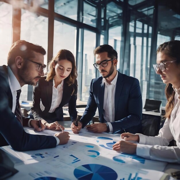 Team of business people working together in the meeting room office teamwork background charts and g