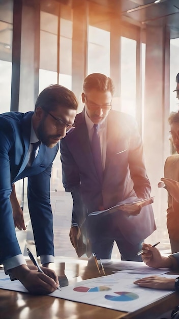 Photo team of business people working together in the meeting room office teamwork background charts and g