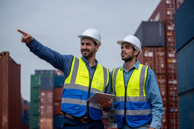 Team businessman working on site containers yard for business
shipping import and export caucasian worker inspecting container in
warehouse logistic delivery services export management team