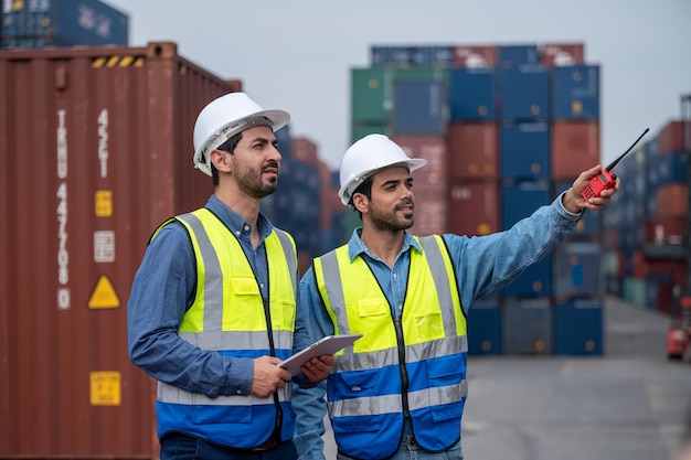 Uomo d'affari del team che lavora sul cantiere di container in loco per l'importazione e l'esportazione di spedizioni aziendali lavoratore caucasico che ispeziona il container nel team di gestione delle esportazioni dei servizi di consegna logistica del magazzino