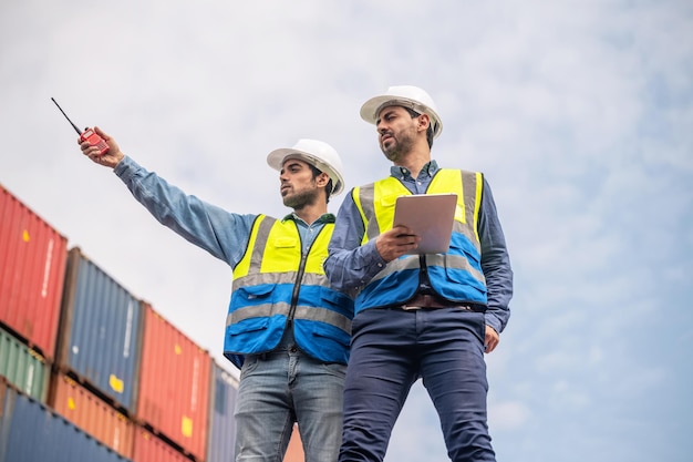 Team businessman working on site containers yard for business\
shipping import and export caucasian worker inspecting container in\
warehouse logistic delivery services export management team