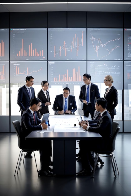 A team of businesspeople in sharp suits and ties gathered around a large tableAigenerated