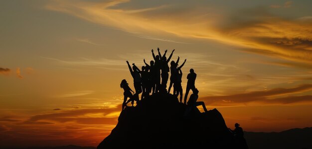 사진 팀 은 해 가 지면 산 꼭대기 에서 성취 를 축하 한다