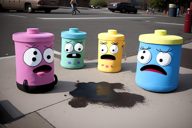 Team of colorful cartoon paint can characters with faces on sidewalk