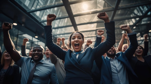 Team of company employees in costumes raise their hands in the air to signify the team's success and victory