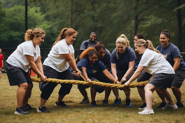 Team competing in tug of war