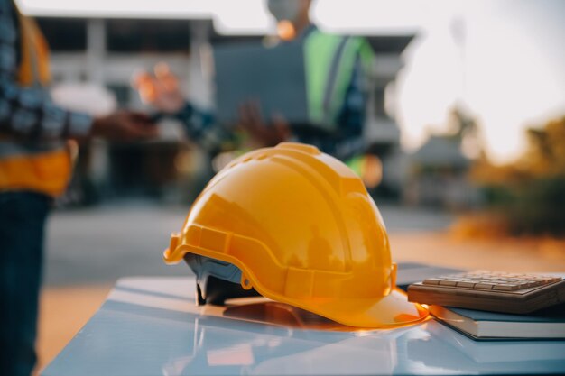 team construction or engineering group and worker teamwork and determination to succeed safety hard hat to prevent accident while working transport and container team concept restart and new normal