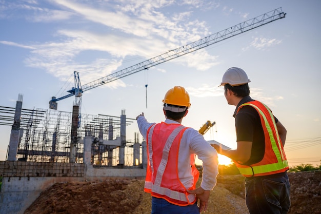 Un team di ingegneri edili parla con dirigenti e operai edili del cantiere piano di lavoro di ispezione della qualità per la casa e il progetto di progettazione di edifici industriali