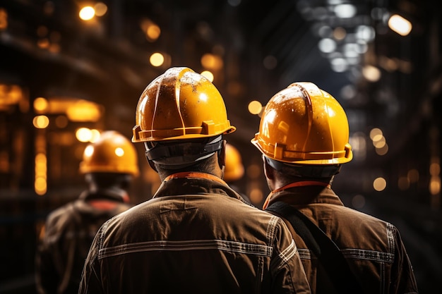 Team of construction workers don safety helmets for engineering project collaboration