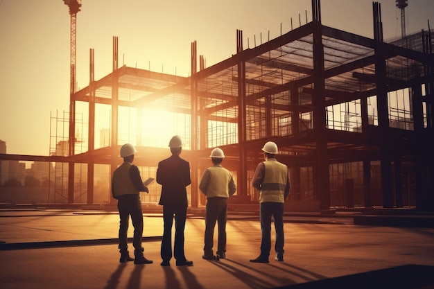 A team of construction workers in front of a building