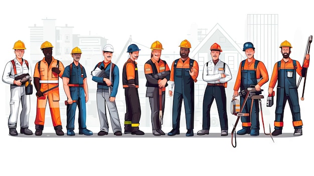 A team of construction workers stand united representing various job roles in the industry