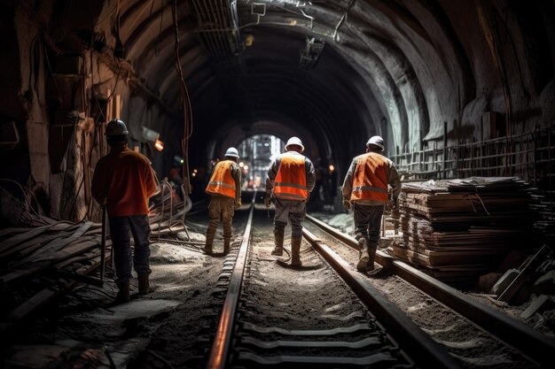 共同地下鉄トンネル建設チームワークコンセプトの地下で作業する安全具を着た建設作業員のチームジェネレーティブAi