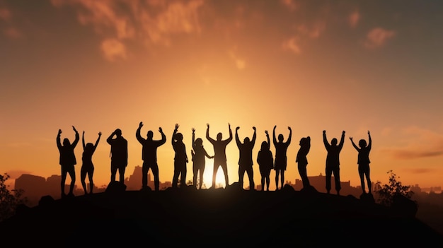 Photo a team of coworkers celebrate their collective success silhouettes cast against a golden sunset