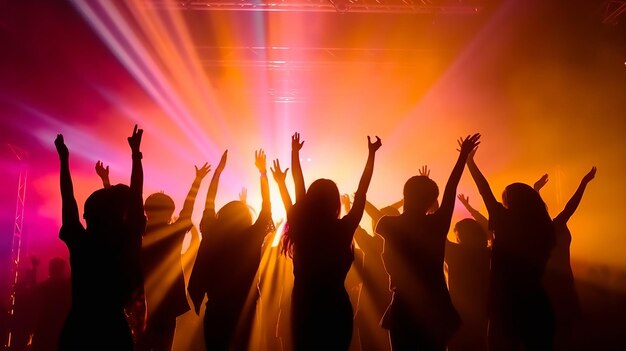 Team A crowd of people in silhouette raises their hands on dancefloor on Concert light background