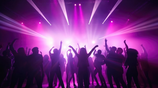 シルエットのチームの人々は,ネオンライトの背景でダンスフロアに手を上げます. ナイトライフクラブの音楽,ダンス,モーション,若者,紫,ピンクの色,動く女の子と男の子.