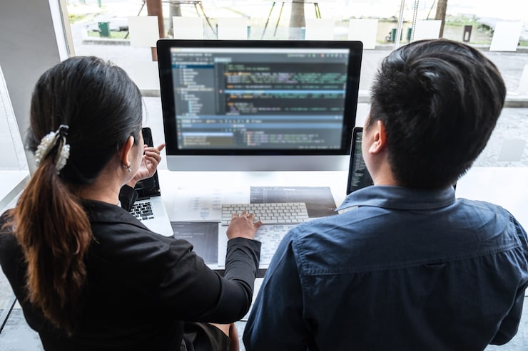 Photo 开发程序员团队在it公司办公室的软件开发计算机项目中工作,编写代码和数据代码网站,并编码数据库技术以找到问题解决方案.