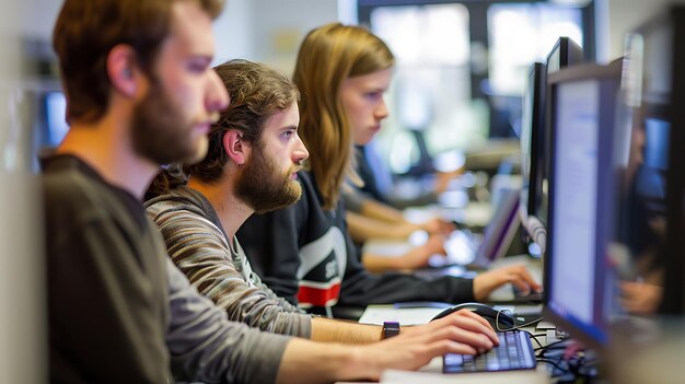 Team of Developers Coding Together on Multiple Monitors in a High Tech Environment