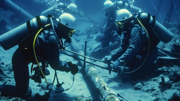 Foto una squadra di subacquei equipaggiati con attrezzature specializzate e apparecchi respiratori che ispezionano attentamente