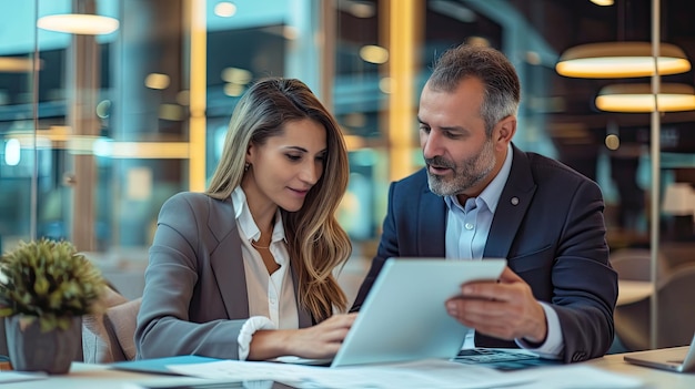 Team of diverse partners mature Latin business man and European business woman discussing project on tablet sitting at table in office Two colleagues of professional business people working together