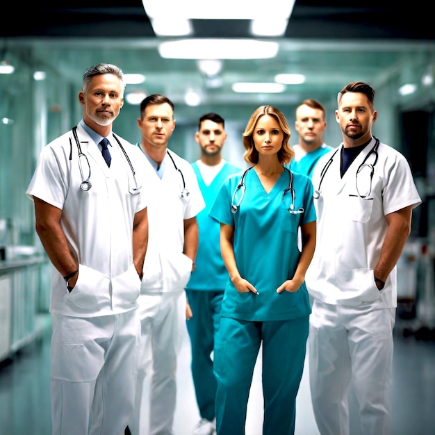 Team of doctor and nurse with vision teamwork and arms crossed while working at a hospital happy med