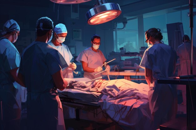 医師のチームが病院のベッドの周りに集まり、患者の評価と治療を行う 外科医チームが手術用 AI で患者をモニタリングする