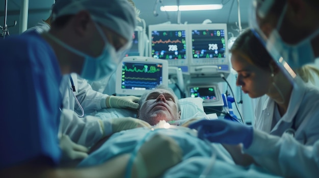 Photo a team of doctors and nurses surround a patient in critical condition working quickly to stabilize