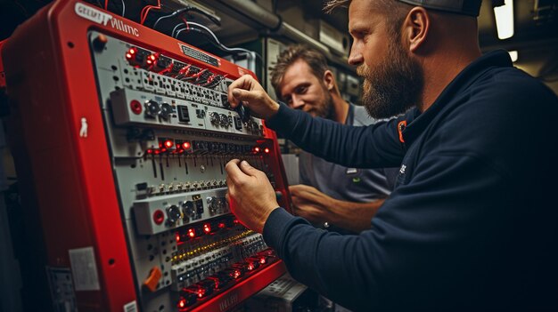 a team of electricians testing the voltage at an industrial power centre with an OHM metre