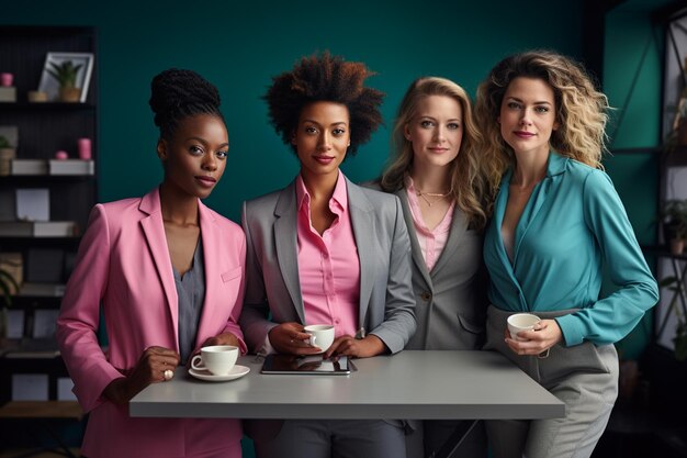 Team of employees enjoying coffee break together in office Startup project