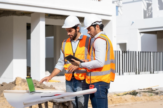 Team engineer and architects are meeting to plan for new\
project measuring layout of building blueprints in construction\
siteconstruction residential new house in progress at building\
site