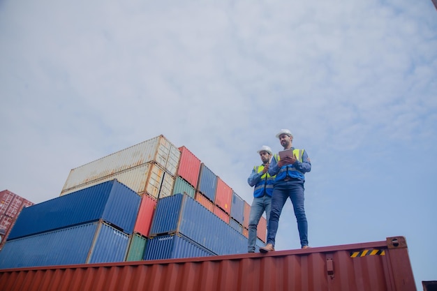 Team Engineers are inspecting the transportation of cargo with containers inside the warehouse Container in export and import business and logistics