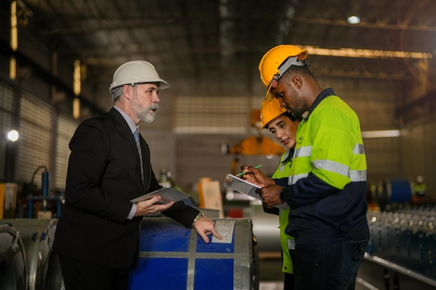 Foto squadra di ingegneri che controllano il controllo della macchina pesante in fabbrica senior boss manager che ispeziona con ingegneri del personale donna e uomo africano concept engineer funzionamento e controllo in fabbrica con sicurezza