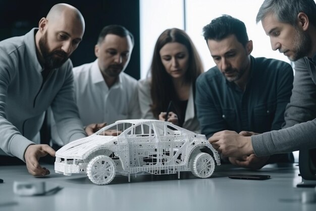 Команда инженеров разрабатывает новую модель автомобиля в лаборатории