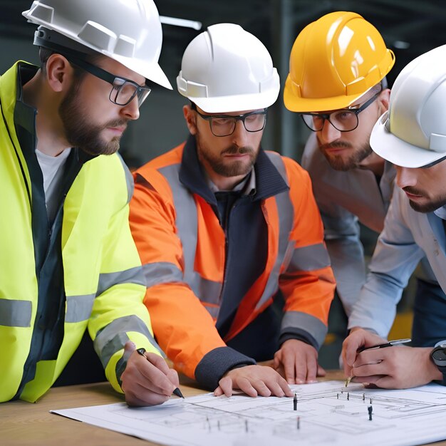 A team of engineers discussing plans for a new project