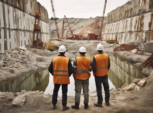 Foto un team di ingegneri in piedi nella fossa a cielo aperto e guardando il cantiere