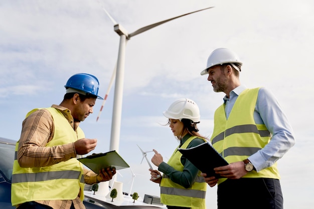 team of engineers standing standing on wind turbine field and discussing over project