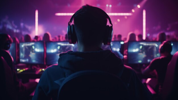 A team of esports athletes is training before an online shooter tournament neon lights neural