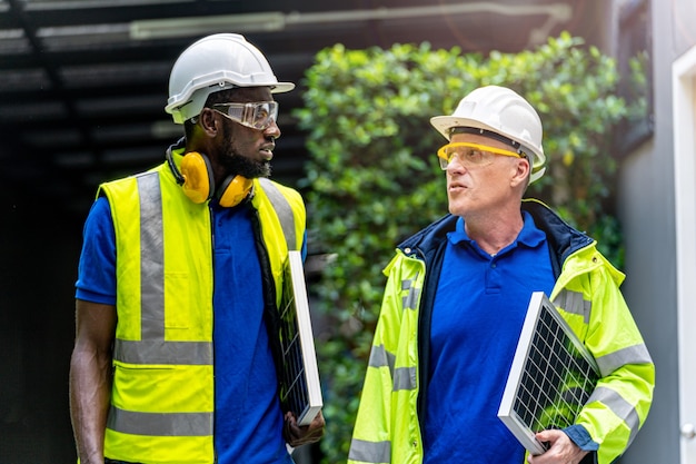 Team fabrieksarbeider technicus ingenieur mannen in groen pak jurk en veiligheidshelm praten en houden zonnepaneel.