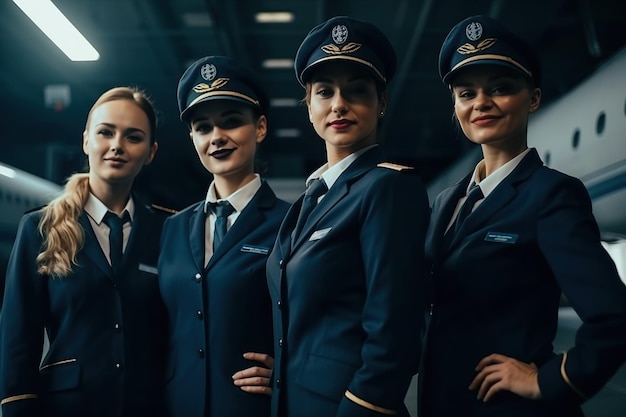 Team of female flight attendants at airport Generative AI