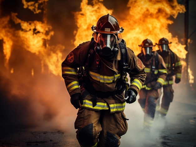 Team firefighters with safety accessories running on fire rescue and emergency