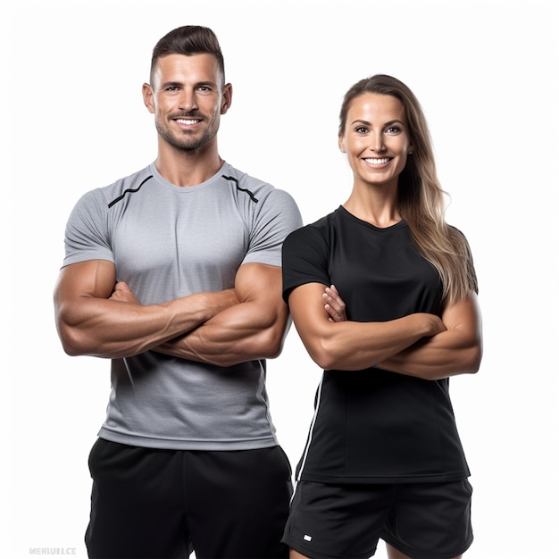 Team of fitness coaches man and woman isolated on white background