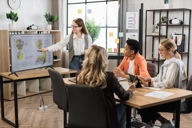 Team of four financial female experts gathering at conference room for discussing common project