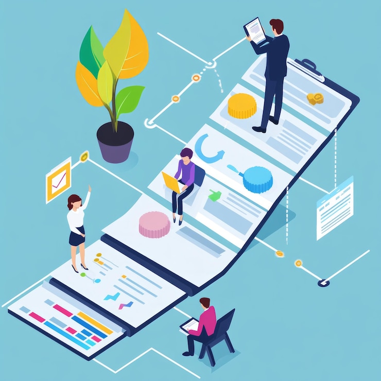 Photo a team of four people working together on a project with a checklist and flow chart