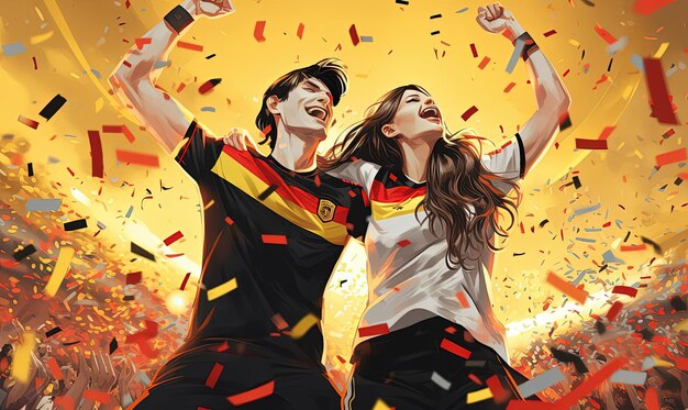 Team germany vs romania in front of a stadium with confetti in the style of editorial illustrations