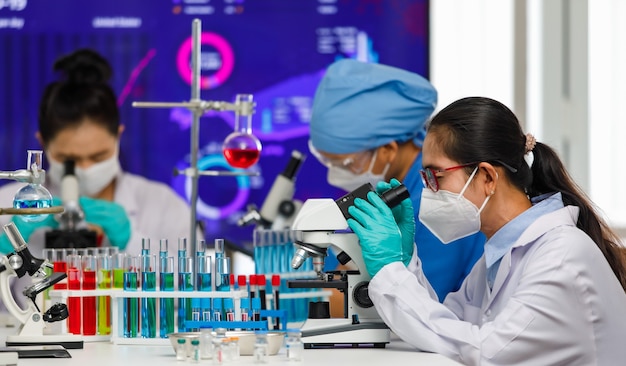 Team group female researchers concentrated on  working with microscope and lab equipment in laboratory room among test tubes and beakers. Concept for hard duty of scientists in Covid-19 outbreak.