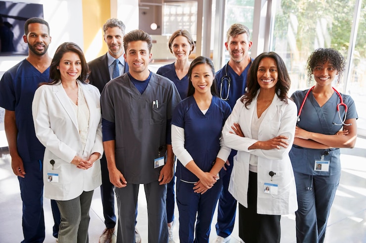 Photo team of healthcare workers at a hospital smiling to camera